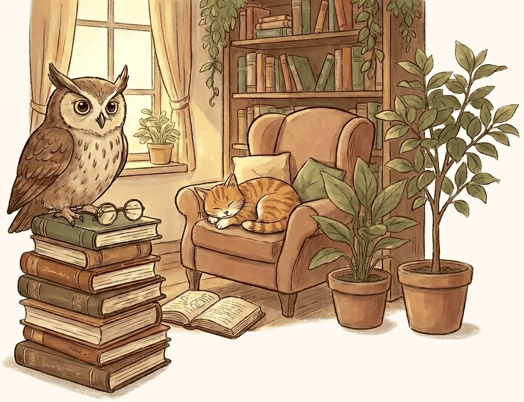 Уютный уголок для чтения: сова на стопке книг, кот в кресле и книжная полка у окна